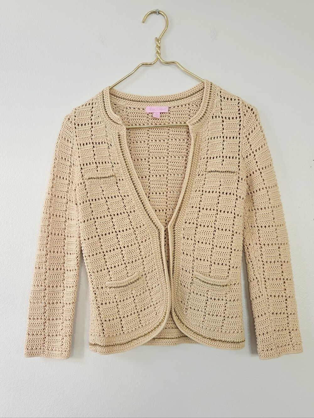 Lilly Pulitzer Rose Sweater Cardigan Tan Chain Trim Size XS